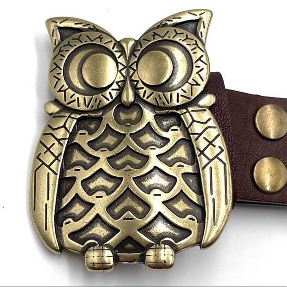 Brass Owl buckle faux leather belt size LARGE - Owls are known for Good Luck !!! main image 9